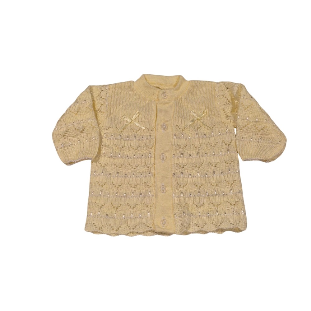 Vtg Style Kids Yellow Pointelle Knit Bow Cardigan Sweater Silver Metallic Accent